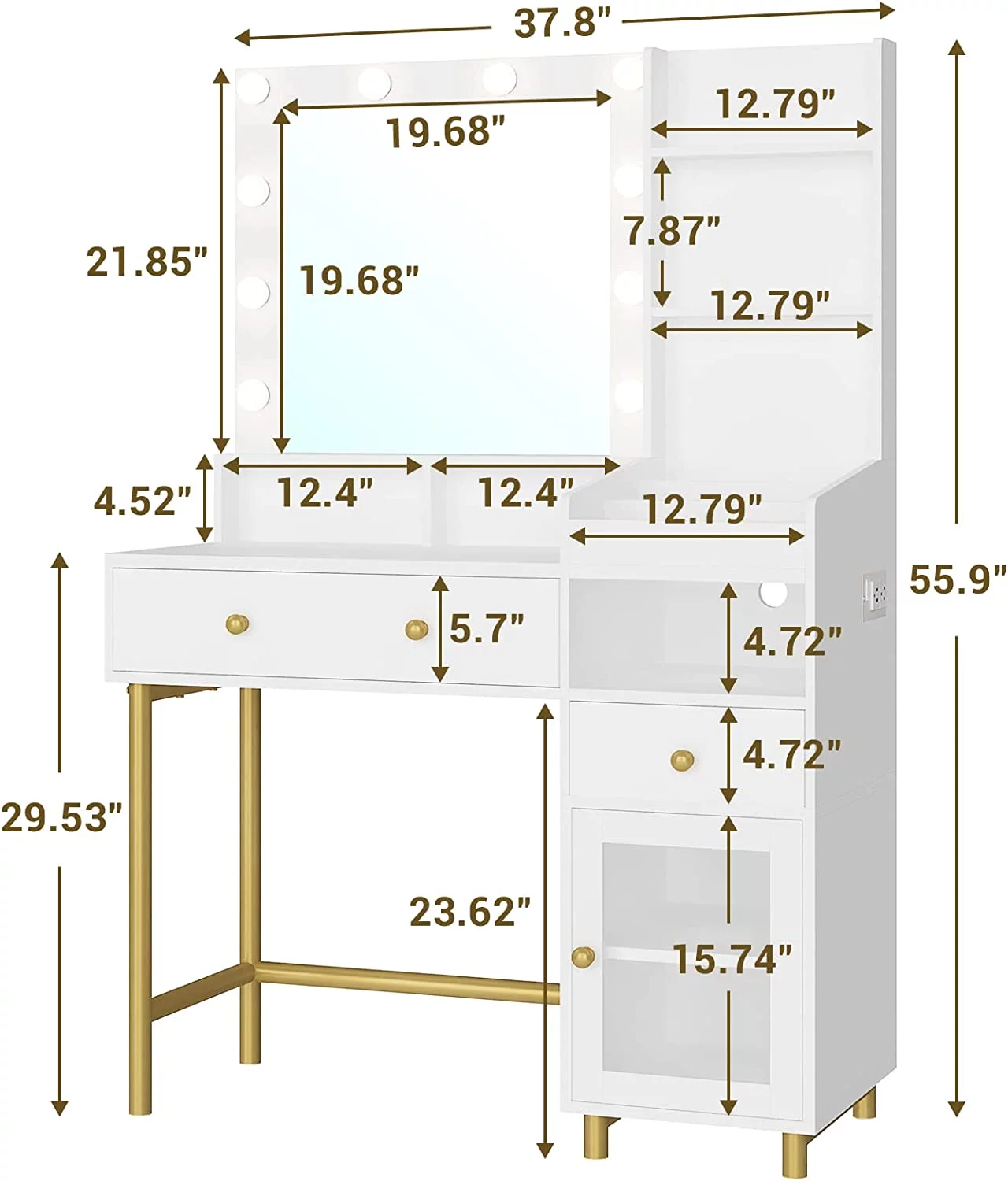 Makeup Vanity Desk with Lighted Mirror and Drawers, Vanity Desk Table Dressing Table with Charging Station & Lights for Bedroom,White - Curated Treasures Market