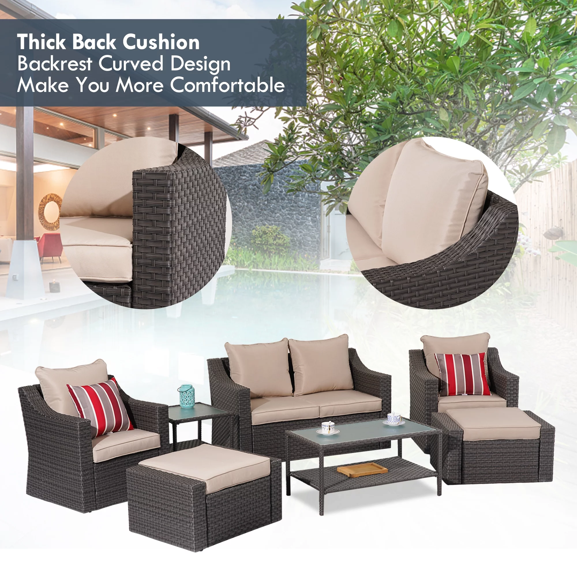 Superjoe 7 Pcs Outdoor Patio Furniture Sets All-Weather PE Rattan Wicker Sectional Sofa with Coffee Table, Brown - Curated Treasures Market