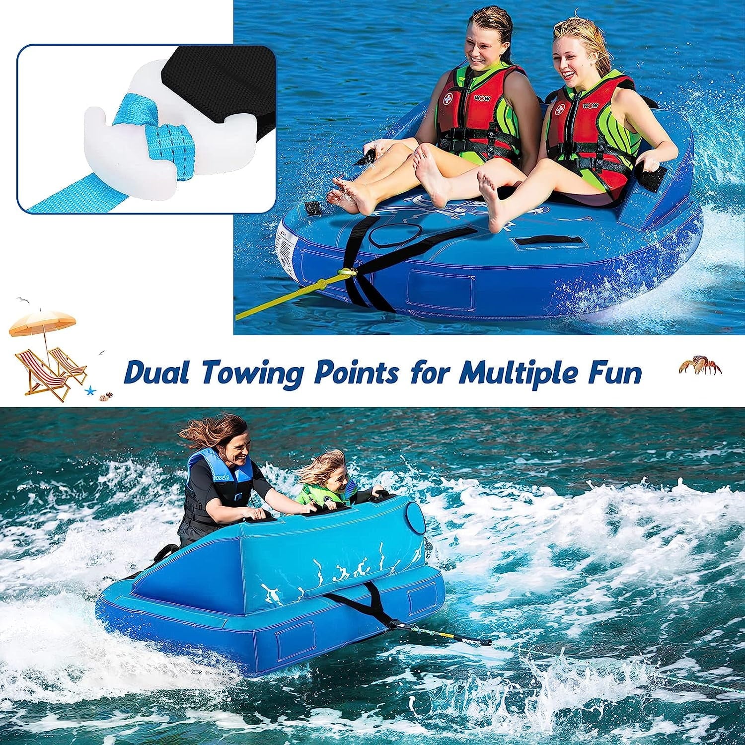 Inflatable Towable Tubes for Boating, 1-2 Person Water Sport Towables for Boat to Pull, Sofa Style Boat Tube with Drainage, Dual Front and Back Tow Points, Towable Tubing for Towing Rider