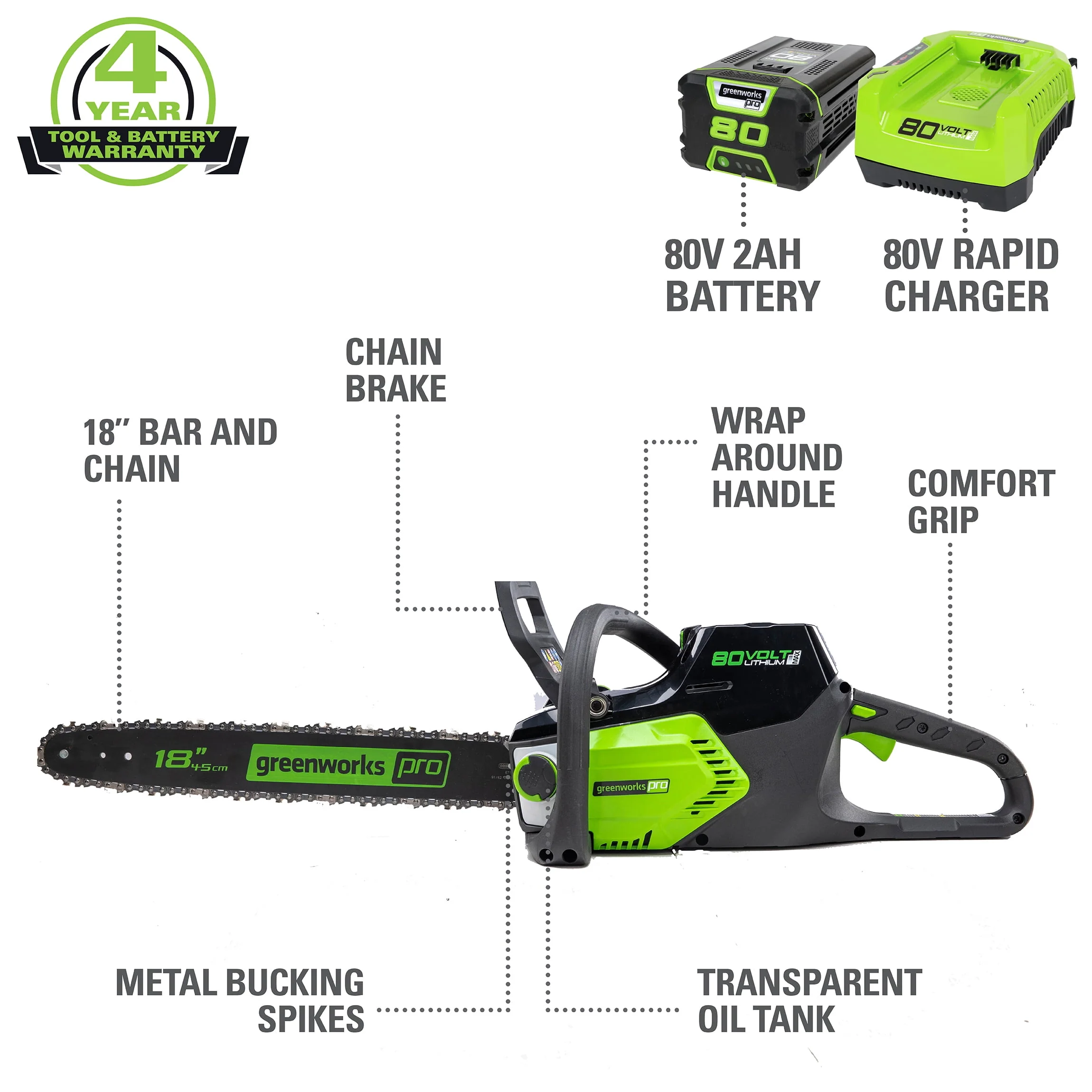 Discontinued - Greenworks 80V 18-inch Cordless Brushless Chainsaw Kit with 2.0 Ah Battery & Charger, 2004602