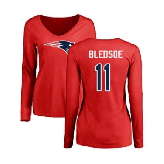 Football Women's New England Patriots #11 Drew Bledsoe Red Name & Number Logo Slim Fit Long Sleeve T-Shirt