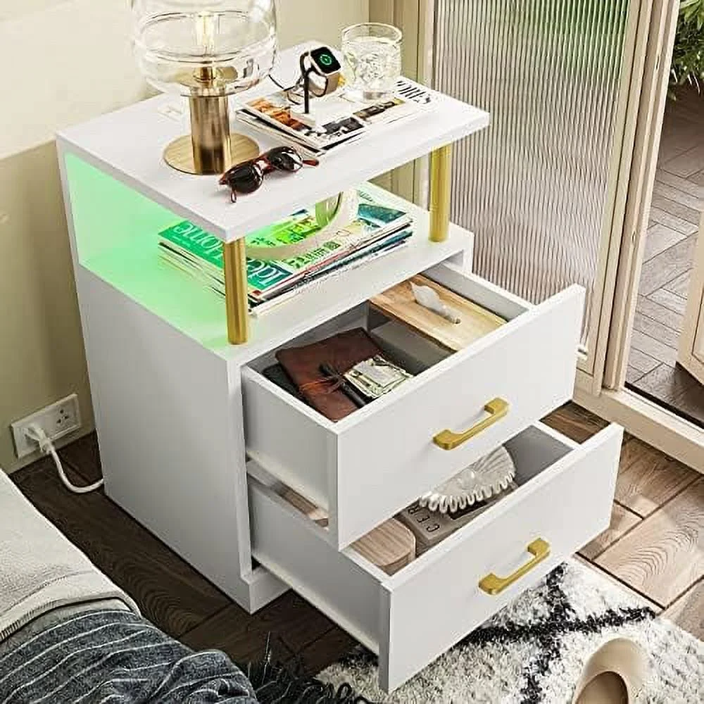 JYHOME LED Night Stand with Charging Station and USB Ports  White Night Stand with 2 Drawers  Modern End Side Tables with Open   Bedside Tables for Bedroom  Office - Curated Treasures Market