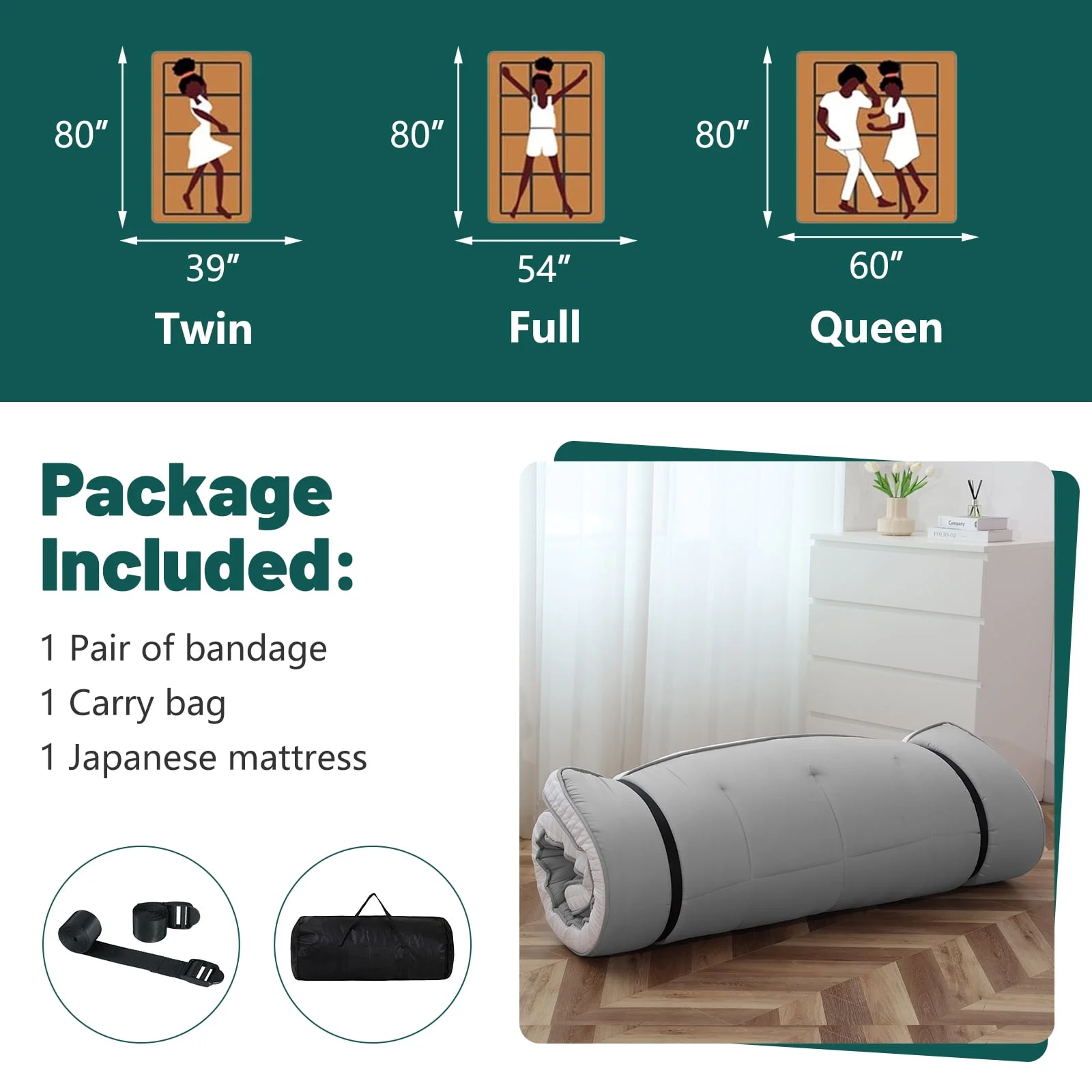 Japanese Floor Mattress, Futon Mattress, Foldable & Portable, Roll up Mattress Tatami Mat Sleeping Pad with Storage Bag - Curated Treasures Market