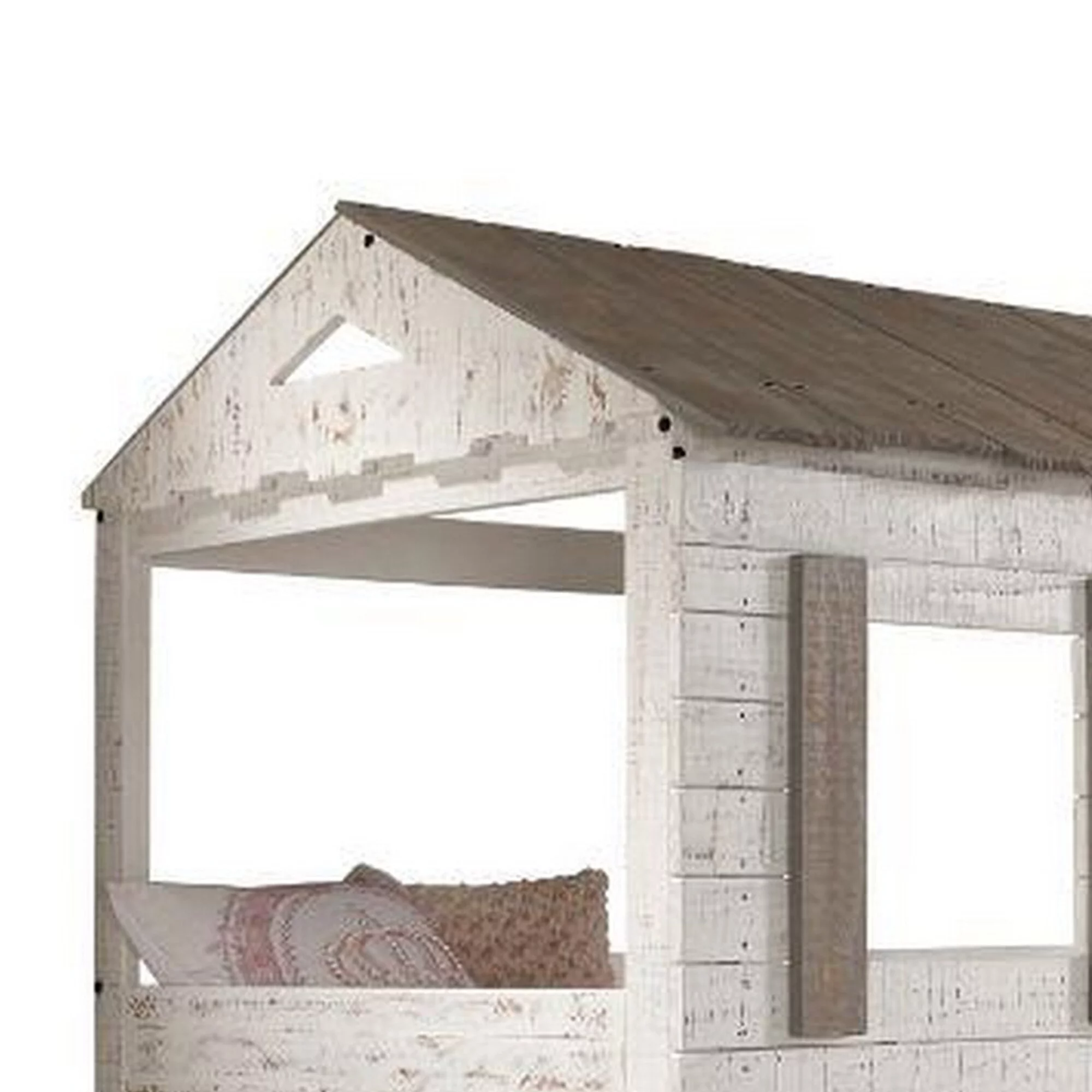 Wooden Twin Bunk Bed with House Design. White and Brown