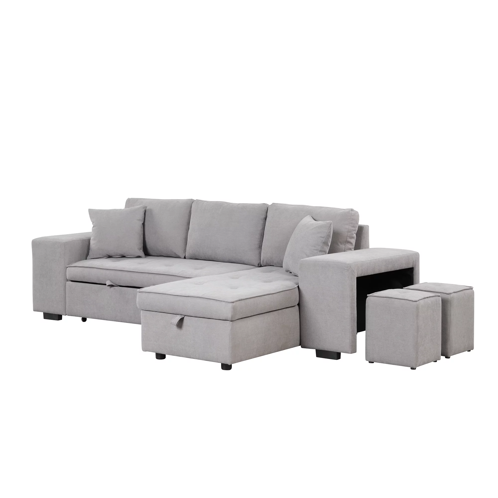 Euroco L-Shape Sectional Sofa 3 Seat Reversible, Pull Out Sleeper Sofa with Chaise, Storage Couch with 2 Stools for Living Room Furniture Set, Light Gray, 104
