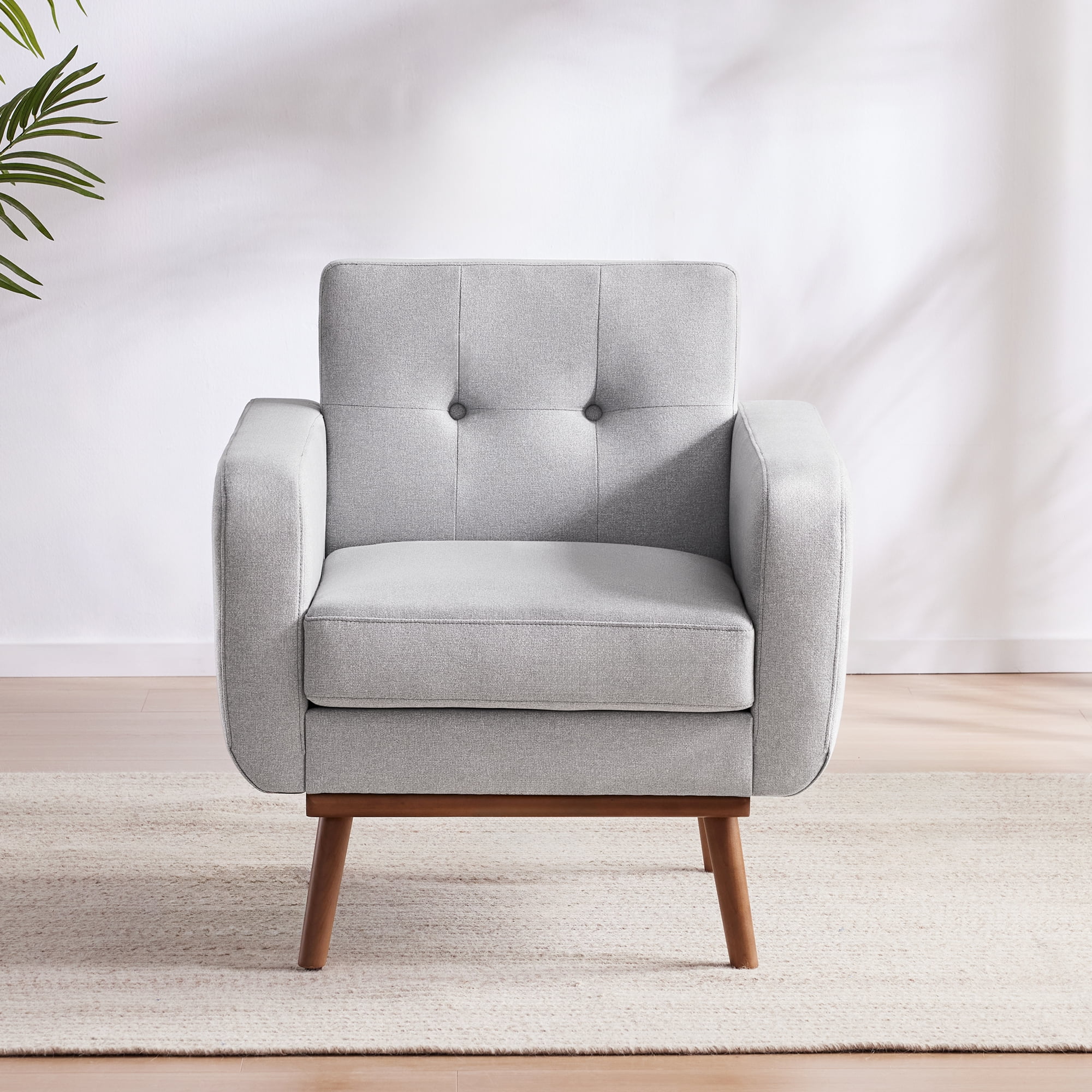 HUIMO Linen Fabric Accent Chair, Mid Century Modern Arm Chair for Living Room, Button Tufted Upholstered Armchair Comfy Reading Sofa for Bedroom, Club Chair (Gray) - Curated Treasures Market