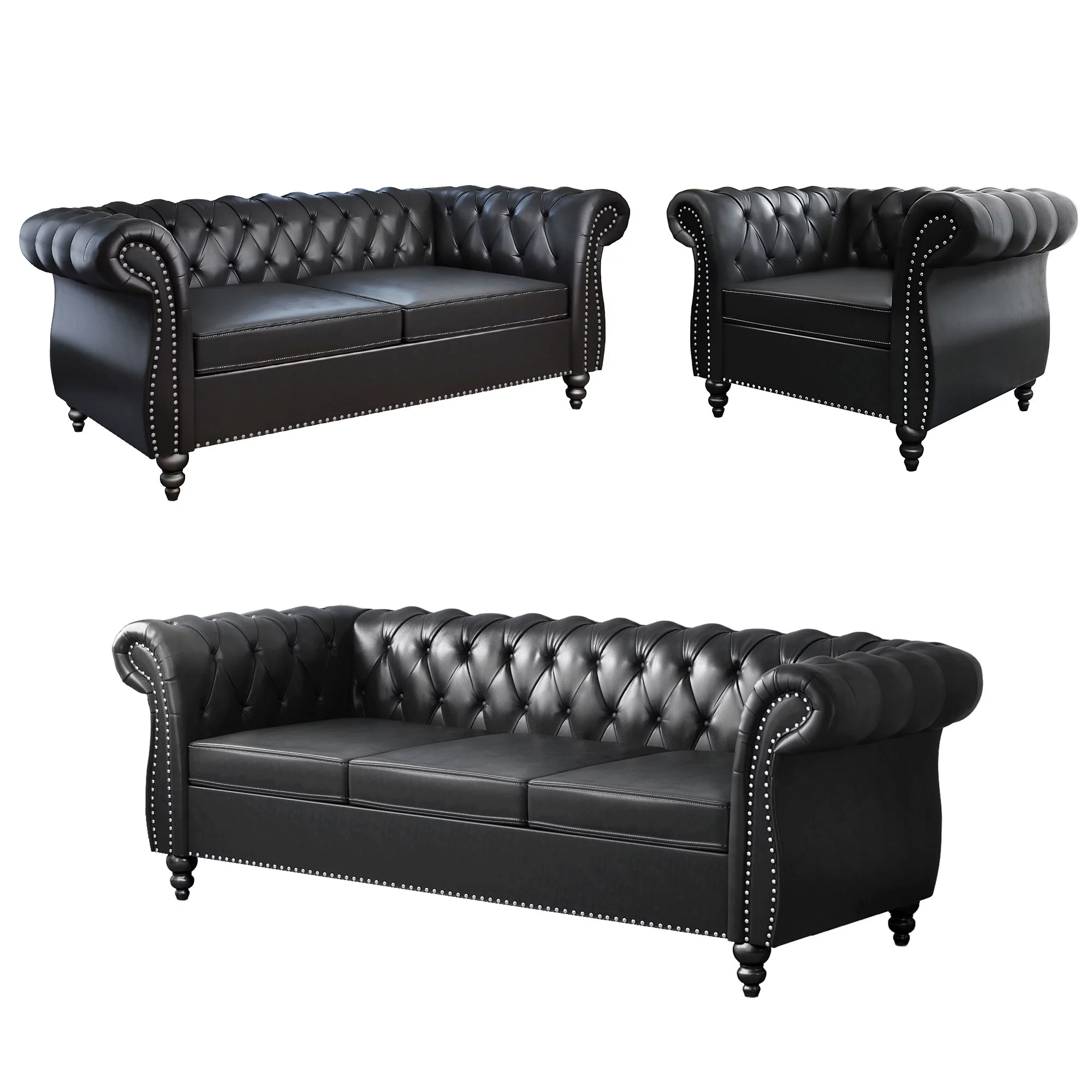 Yocwo Faux leather Couches Set for Living Room,3 Piece Sofa with Including Three Seat Sofa, Loveseat and Single Chair for Apartment Furniture Set (Black) - Curated Treasures Market