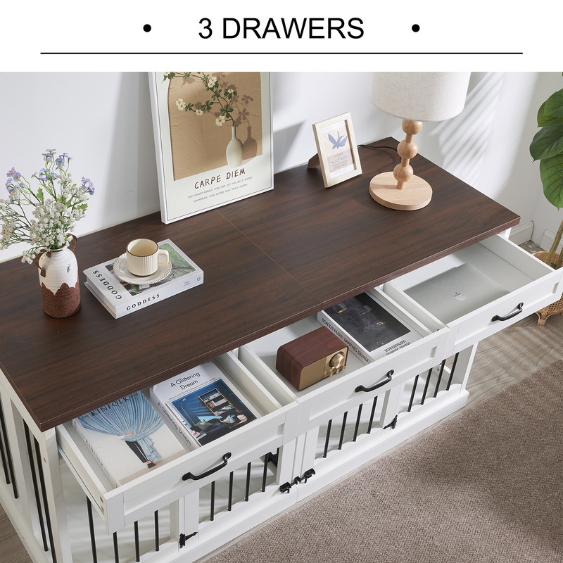 63'' Dog Crate Furniture, Furniture Style Dog Crate Table with 3 Drawers and Removable Divider, Heavy Duty Wooden Dog Kennel for 2 Medium Small Dogs，White - Curated Treasures Market