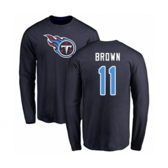 Football Tennessee Titans #11 A.J. Brown Navy Blue Name & Number Logo Long Sleeve T-Shirt