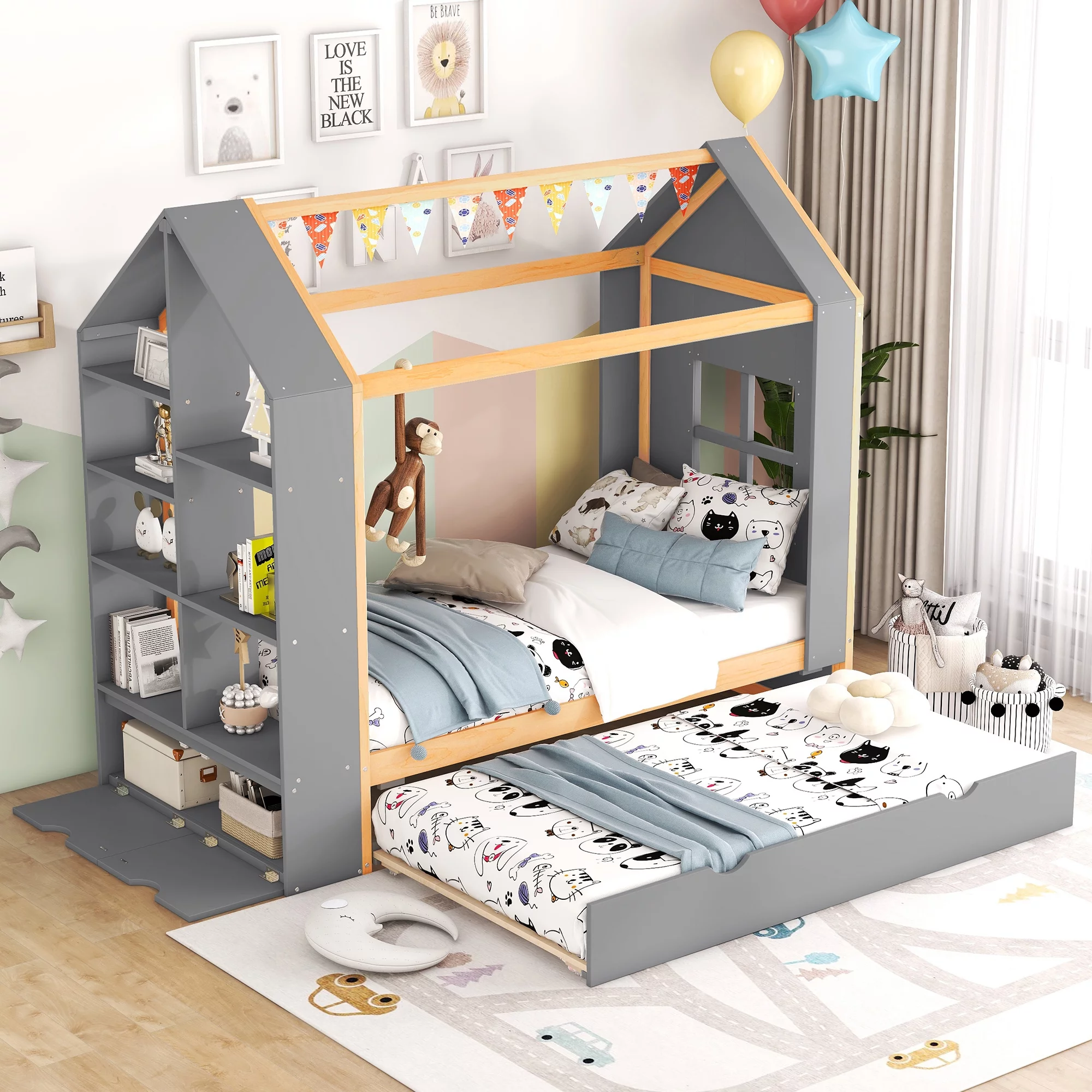 Euroco Wood Twin Size House Bed with Trundle. Display Cabinet for Kids Bedroom. House-Shaped Woof and Window. Gray