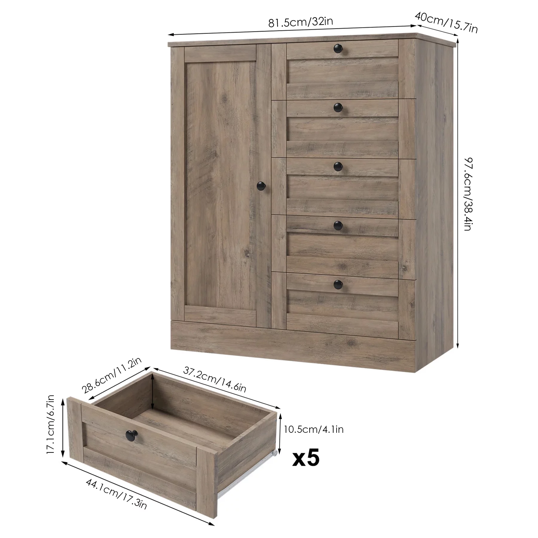 Homfa 5 Drawer Dresser with Door, Modern Chest of Drawers Wood Storage Cabinet for Bedroom Living Room Hallway, Gray - Curated Treasures Market