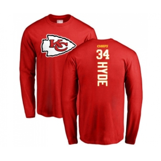 Football Kansas City Chiefs #34 Carlos Hyde Red Backer Long Sleeve T-Shirt