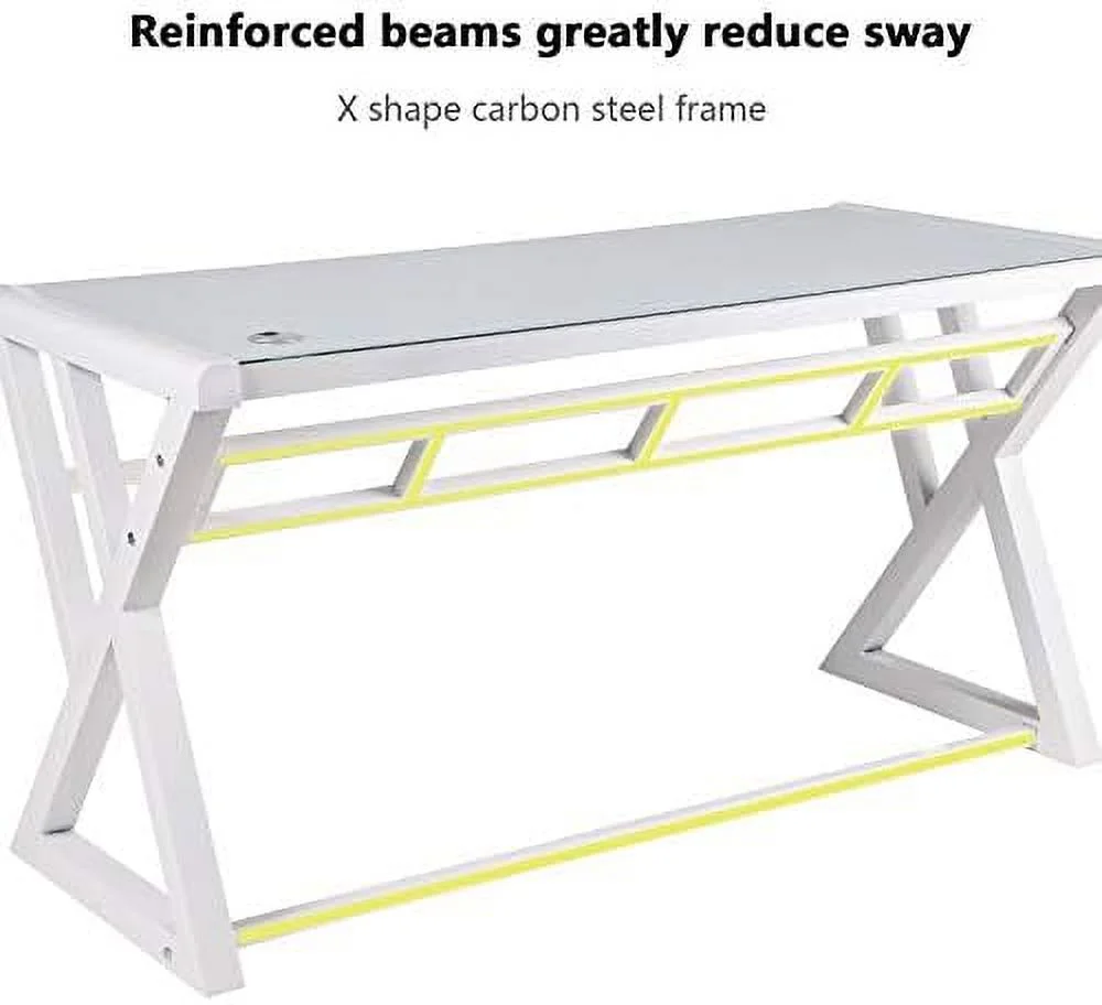 CHNBJN Computer Desk Glass Top and Metal Frame  Desk Table for Computer Desk Gaming Modern Study Office Work Writing Desks Table for Home Office  White (55.1 inch) - Curated Treasures Market