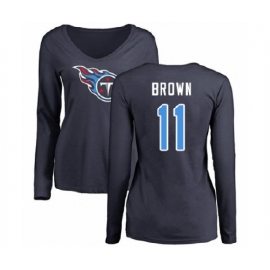 Football Women's Tennessee Titans #11 A.J. Brown Navy Blue Name & Number Logo Long Sleeve T-Shirt