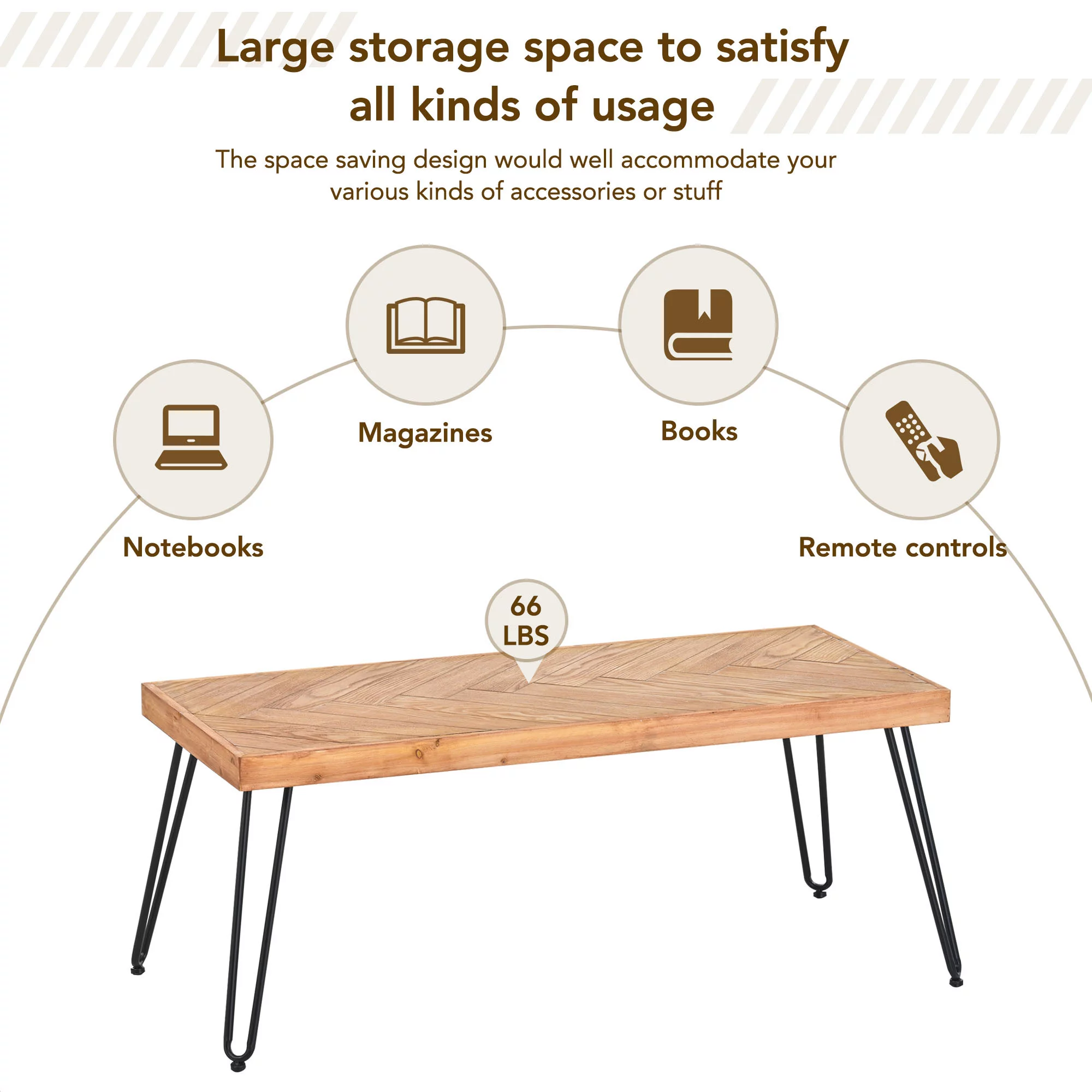 EUROCO 43.3“ Modern Coffee Table, Easy Assembly Tea Table, Cocktail Table with w/Chevron Pattern & Metal Hairpin Legs for Living Room, Ash Wood Finished - Curated Treasures Market