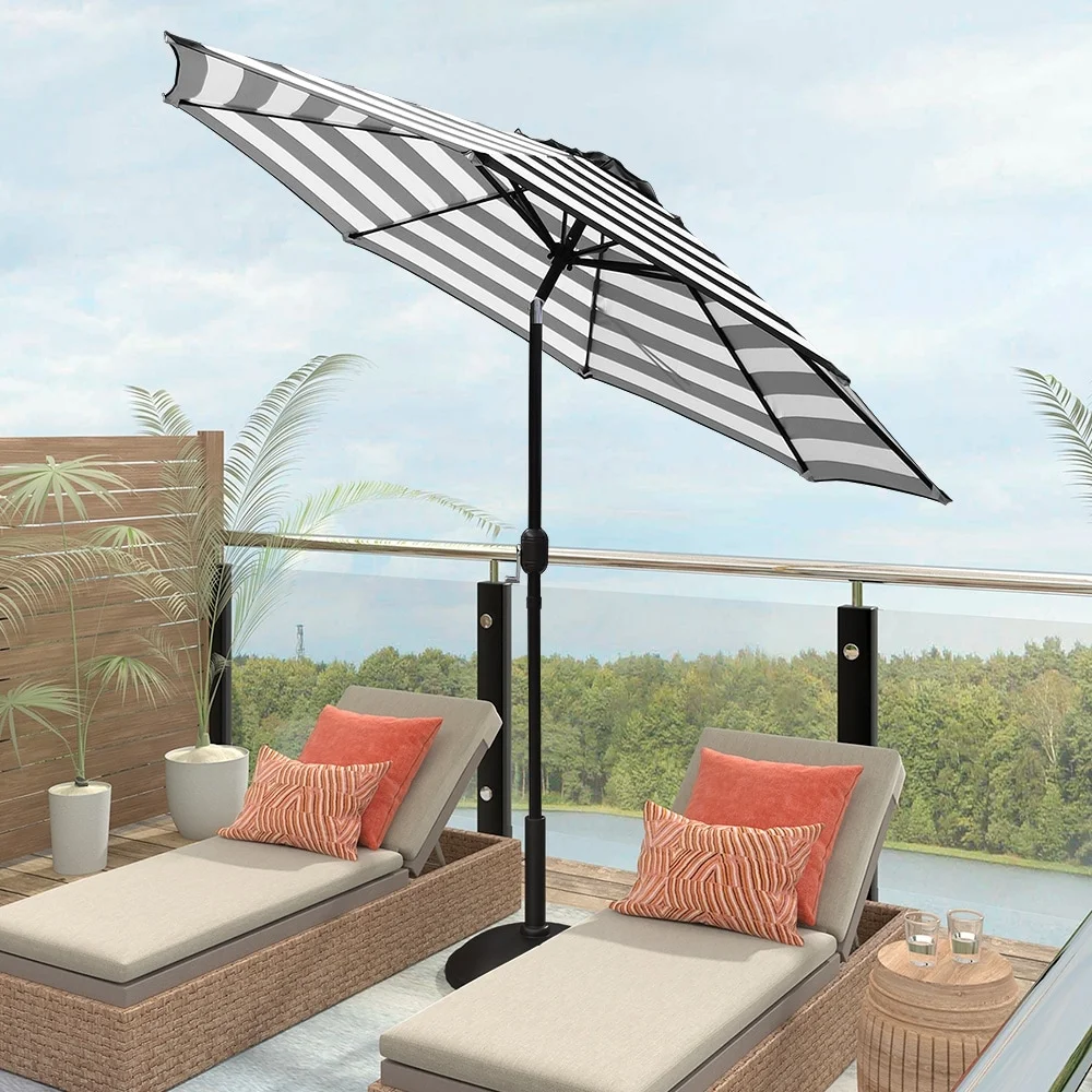 Abble Outdoor 9ft Patio Umbrella with Crank and Tilt - Black and White Stripe - Curated Treasures Market