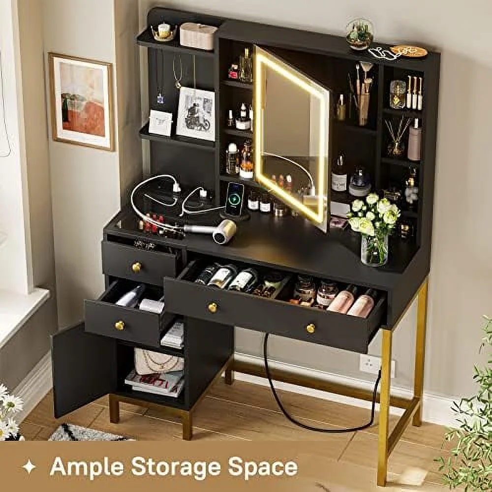 SJOPKMN Vanity with Lights  Vanity Desk with Openable Mirror & 3-Color Dimmable  White Vanity Table with Charging Station   Desk with Visual Drawer  Hooks  Hidden and Open  Shelves - Curated Treasures Market