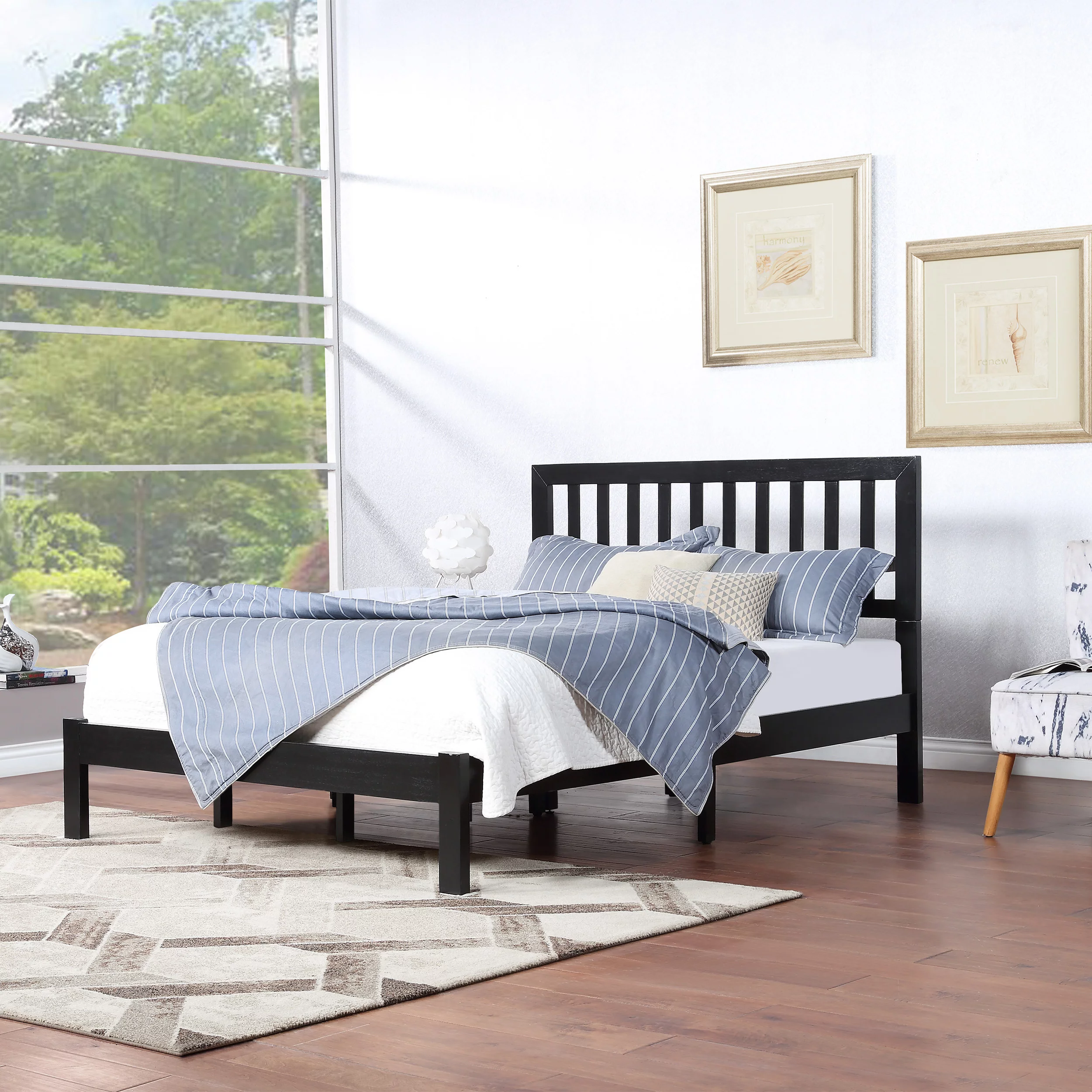 GDF Studio Moneta Farmhouse Acacia Wood Queen Bed. Black