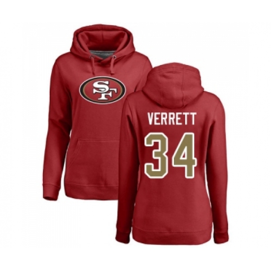 Football Women's San Francisco 49ers #34 Jason Verrett Red Name & Number Logo Pullover Hoodie