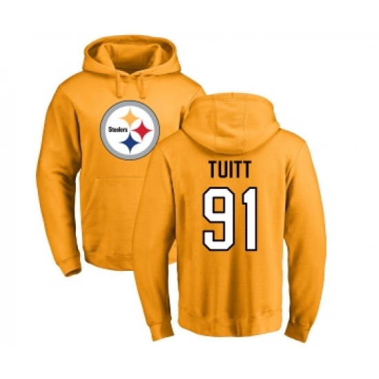 Football Pittsburgh Steelers #91 Stephon Tuitt Gold Name & Number Logo Pullover Hoodie