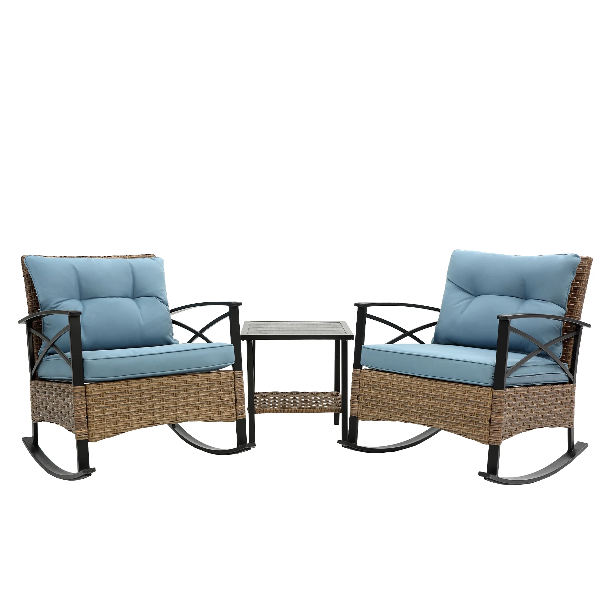 Highsound Outdoor Rocking Chairs Set of 2 with Side Table, 3 Piece Wicker Patio Bistro Set with Premium Fabric Cushions Outdoor Furniture (Brown Wicker Chair & Blue Cushion) - Curated Treasures Market