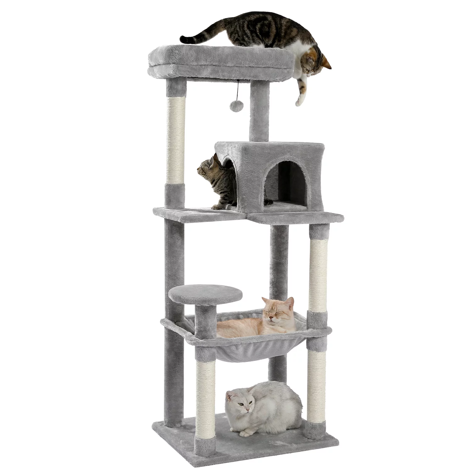 ZephyPaws Cat Tree 56.2” Cat Tower with Sisal Scratching Post ,Cozy Condo, Top Perch, Hammock and Dangling Ball Grey - Curated Treasures Market