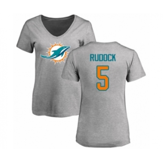 Football Women's Miami Dolphins #5 Jake Rudock Ash Name & Number Logo T-Shirt
