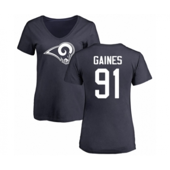 Football Women's Los Angeles Rams #91 Greg Gaines Navy Blue Name & Number Logo Slim Fit T-Shirt