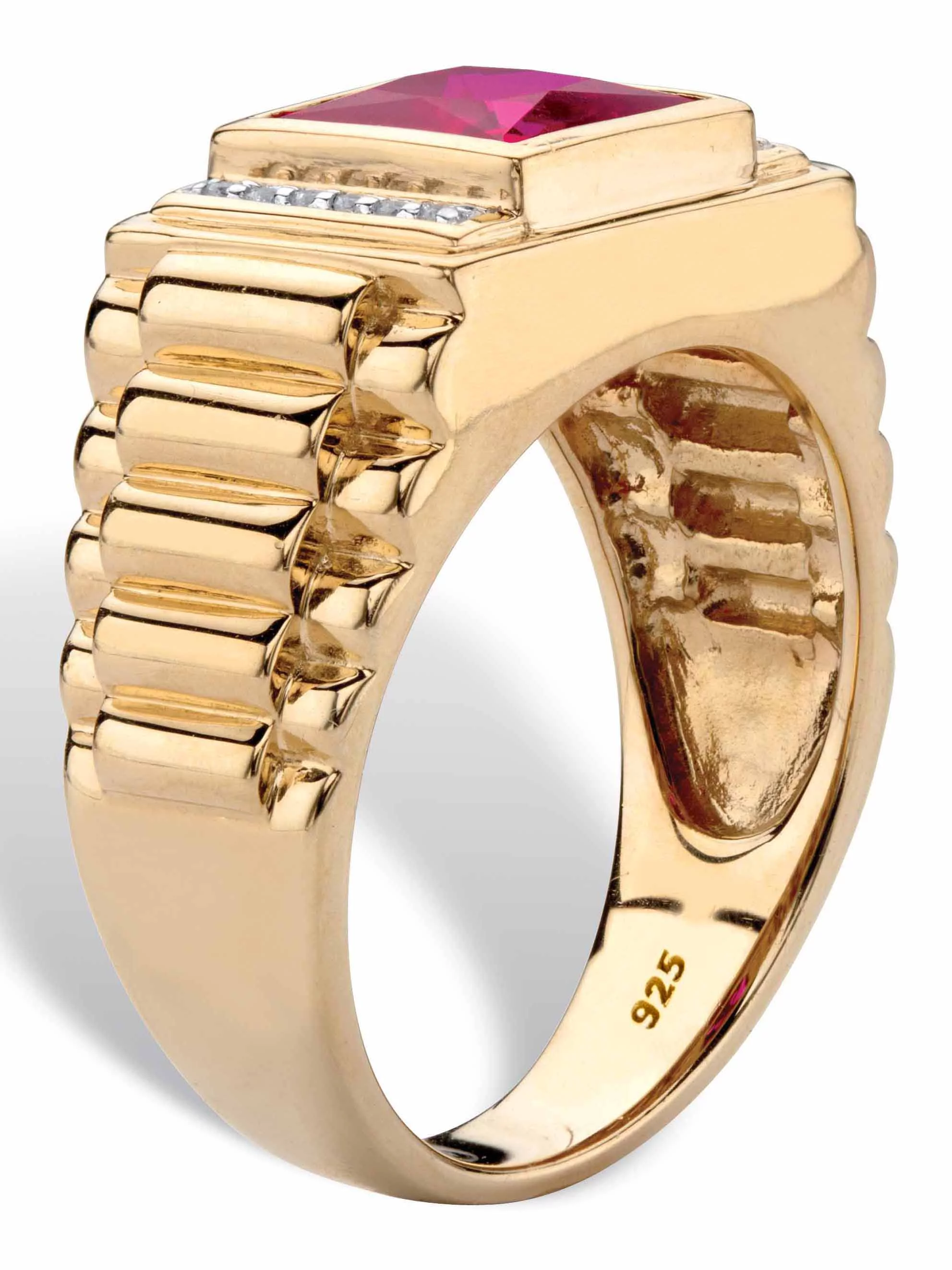 PalmBeach Jewelry Men's Square-Cut Created Red Ruby or Blue Sapphire and Diamond Accent Ring in 18k Gold-plated Sterling Silver - Curated Treasures Market