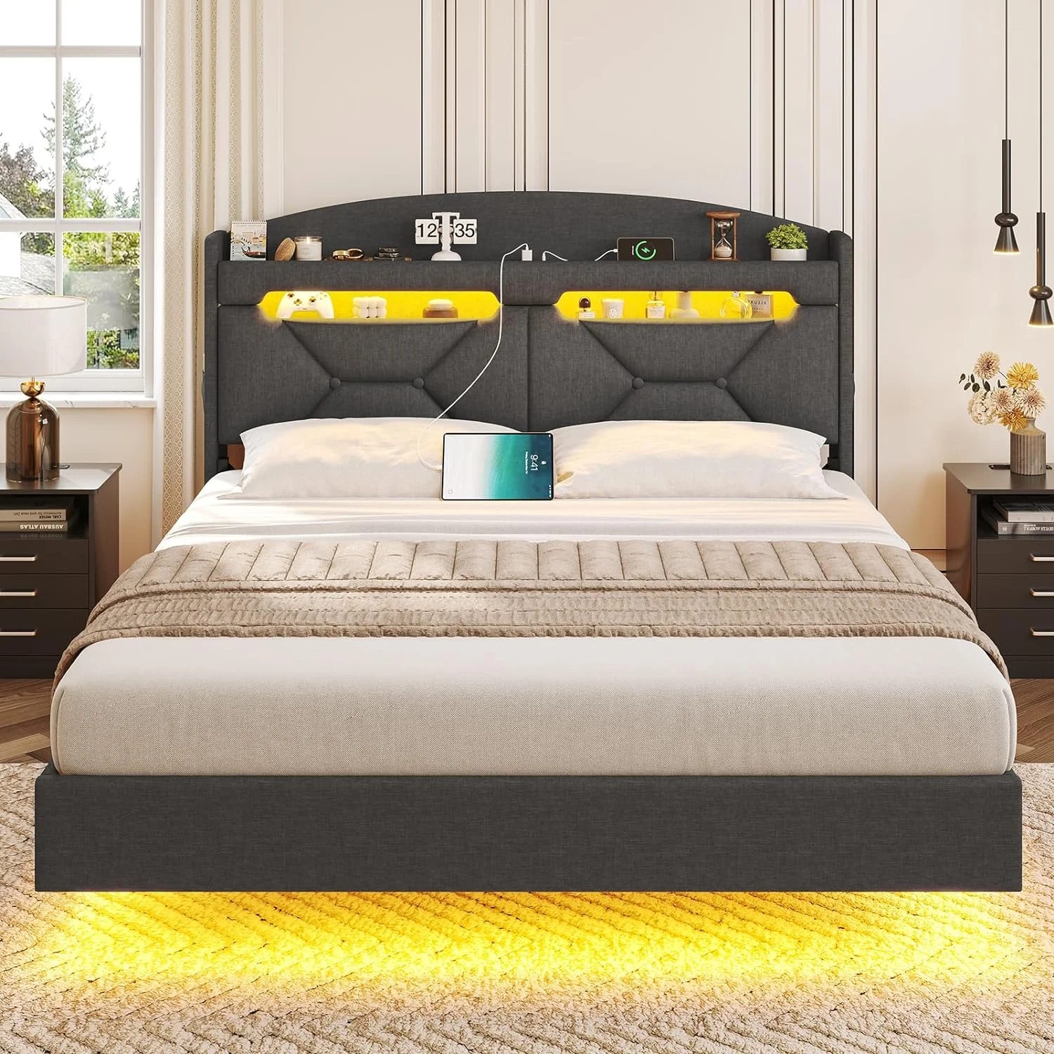 King Size Bed Frame with Storage Headboard and LED Lights,Upholstered Platform Bed with USB Port Charging,Headboard with Shelves Hidden Storage,Noise-Free,Dark Grey