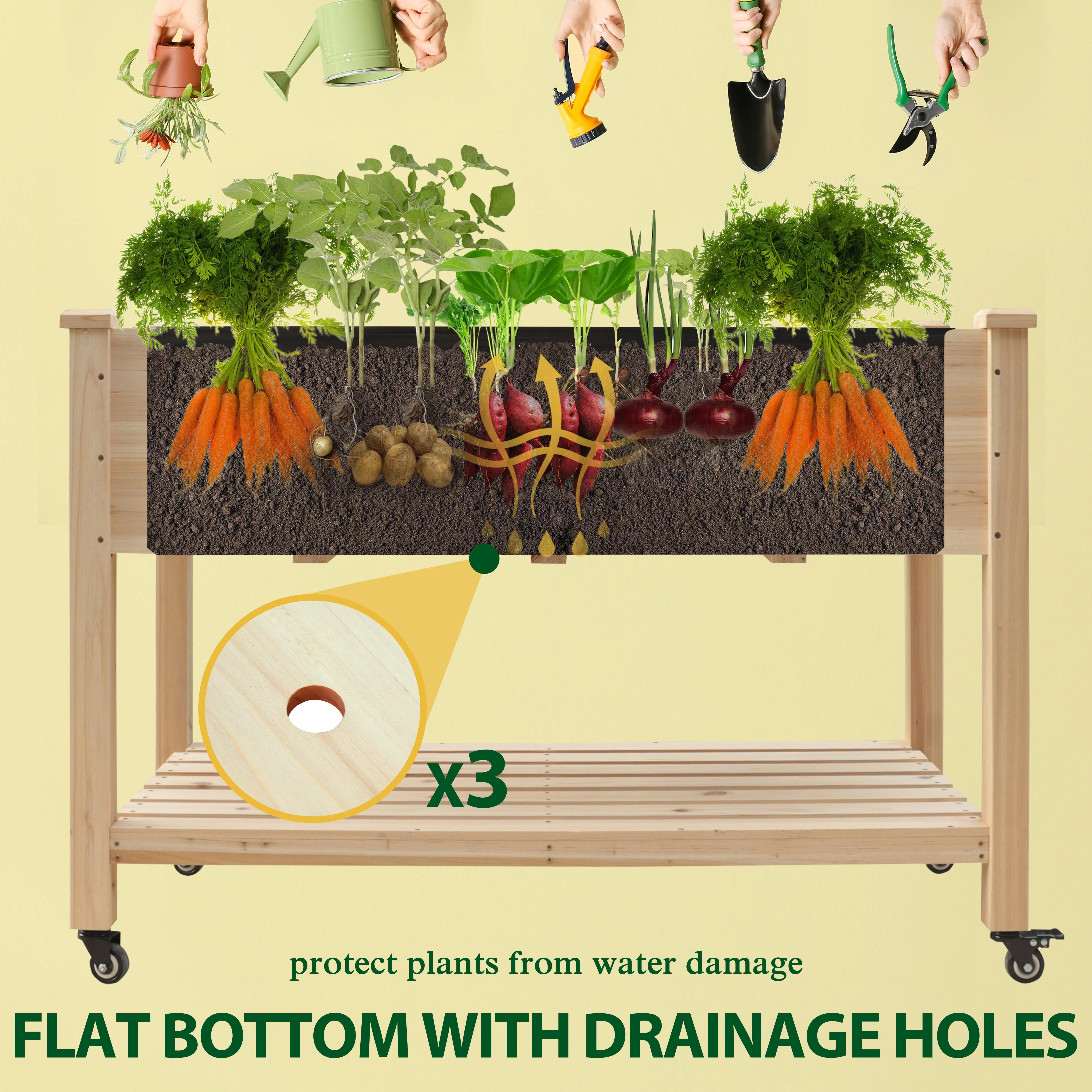 VEIKOUS Raised Garden Bed, 47''L x 22''W x 33''H Elevated Wood Planter W/ Wheels and Storage Shelf for Herbs and Vegetables - Curated Treasures Market