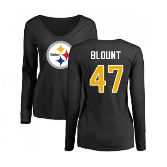 Football Women's Pittsburgh Steelers #47 Mel Blount Black Name & Number Logo Slim Fit Long Sleeve T-Shirt