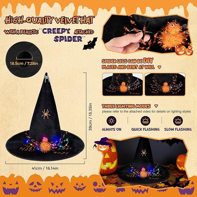 Light-Up Halloween Bundle costumes,Glow Spider Witch hats & Cape, Night Glow Decals, LED Hair Clips, Halloween Candy Bag & Gift Box for Spook Night Witch - Curated Treasures Market