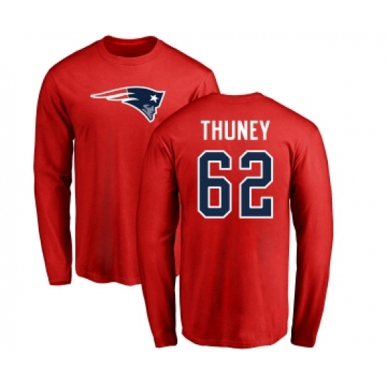 Football New England Patriots #62 Joe Thuney Red Name & Number Logo Long Sleeve T-Shirt