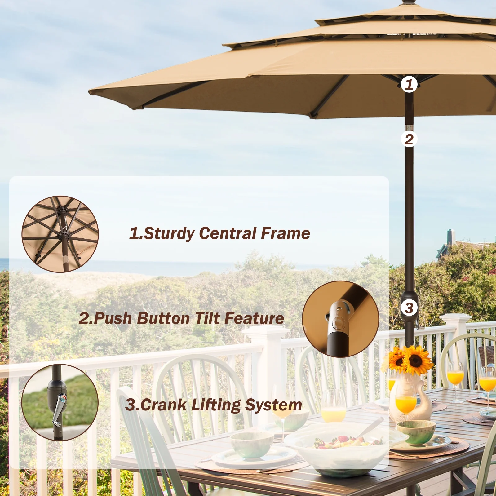 Aoodor 10ft 3 Tier Patio Umbrella - Stylish Outdoor Market Umbrella with Smooth Crank Mechanism - UV-Resistant Canopy - Ideal for Dining Tables (No Base)-Brown - Curated Treasures Market