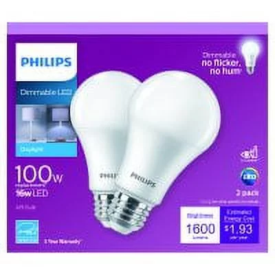 Philips LED 100-Watt A19 General Purpose Light Bulb, Frosted Daylight, Dimmable, E26 Medium Base (2-Pack) - Curated Treasures Market