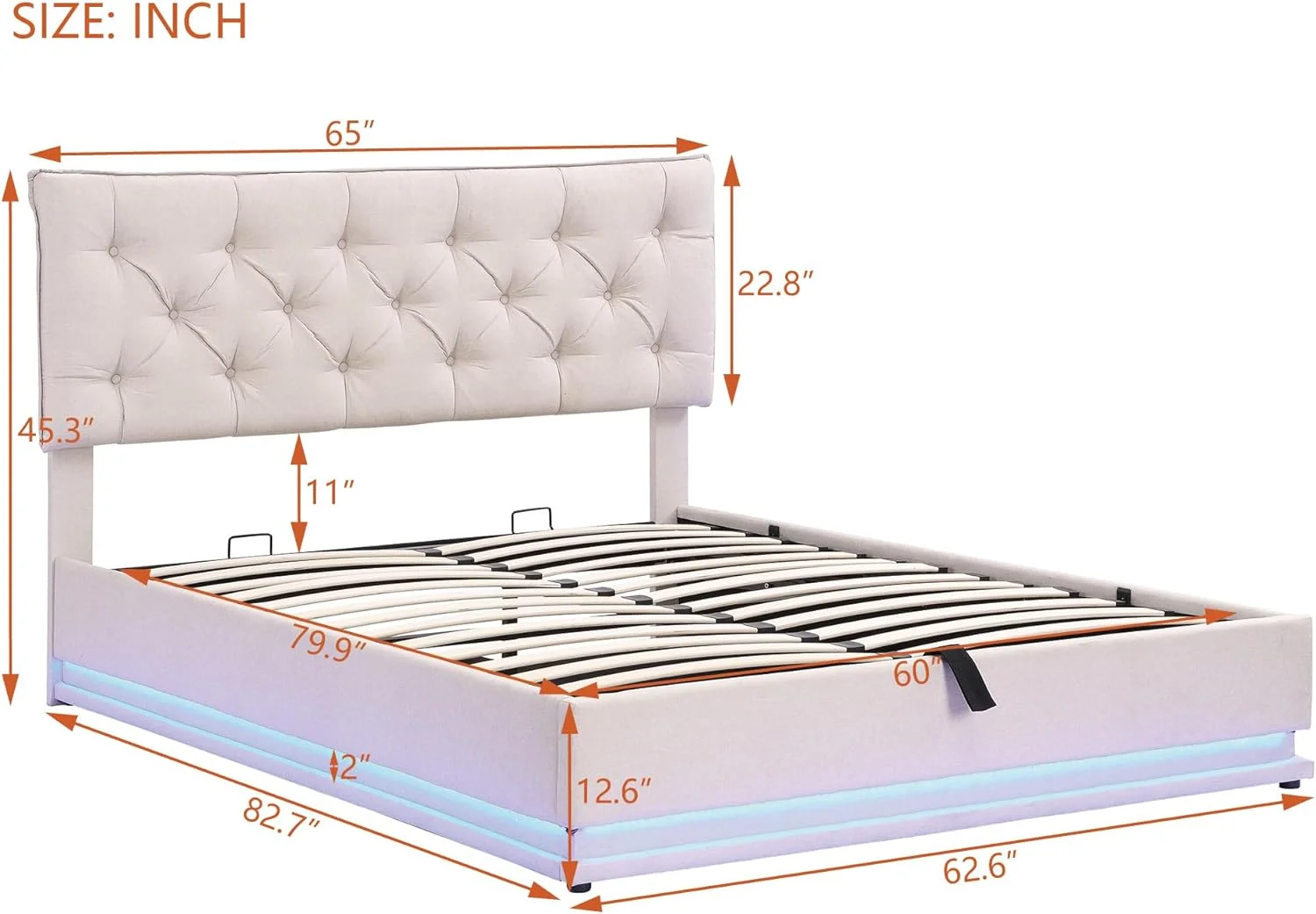 Queen Upholstered Bed With Lift Up Storage And LED Light. Modern Queen Platform Bed With Button-Tufted Headboard. Wood Queen Size Bed Frame For Bedroom. Linen. Beige. HZG-SF000039AAA