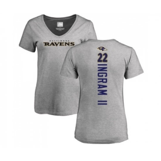Football Women's Baltimore Ravens #22 Mark Ingram II Ash Backer V-Neck T-Shirt
