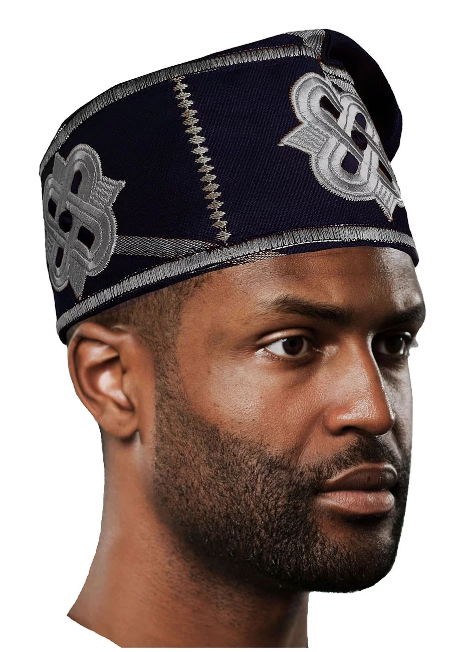 Navy-blue and Silver Embroidered African Hand woven Aso Oke Hat - Curated Treasures Market