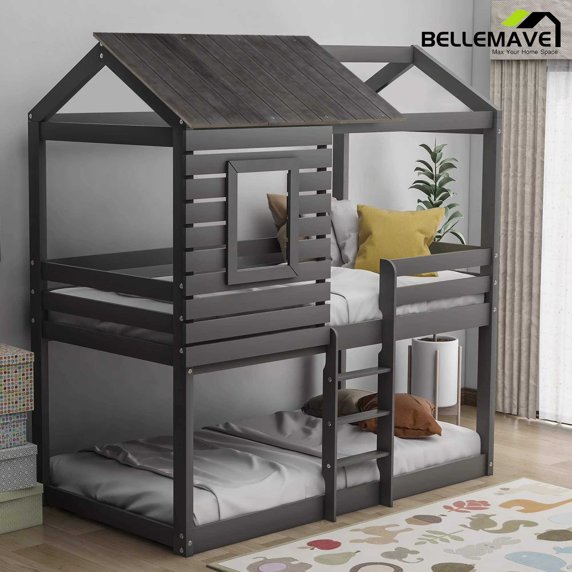 Bellemave Twin over Twin Bunk Bed for Kids, Twin House Bunk Bed with Roof, Window, Guardrail and Ladder, Low House Bunk Bed/Wood Playhouse Bunk Bed for Kids, Girls, Boys(Gray) - Curated Treasures Market