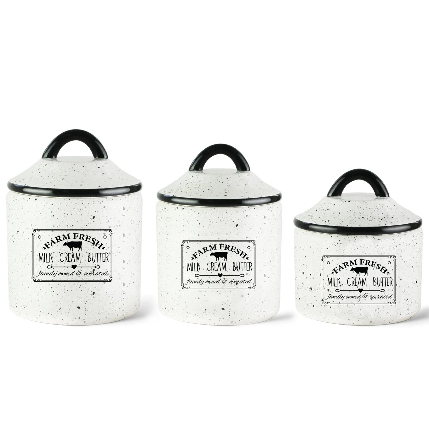American Atelier, Round, White Ceramic Kitchen Canisters with Lids (Farm Fresh), Set of 3 - Curated Treasures Market