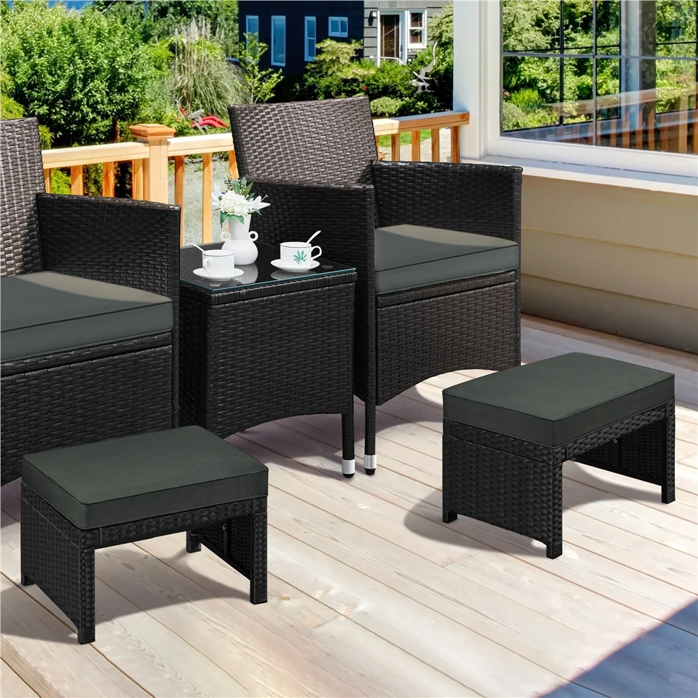 Topeakmart 2pcs Wicker Ottomans with Removable Cushion, Black/Gray - Curated Treasures Market