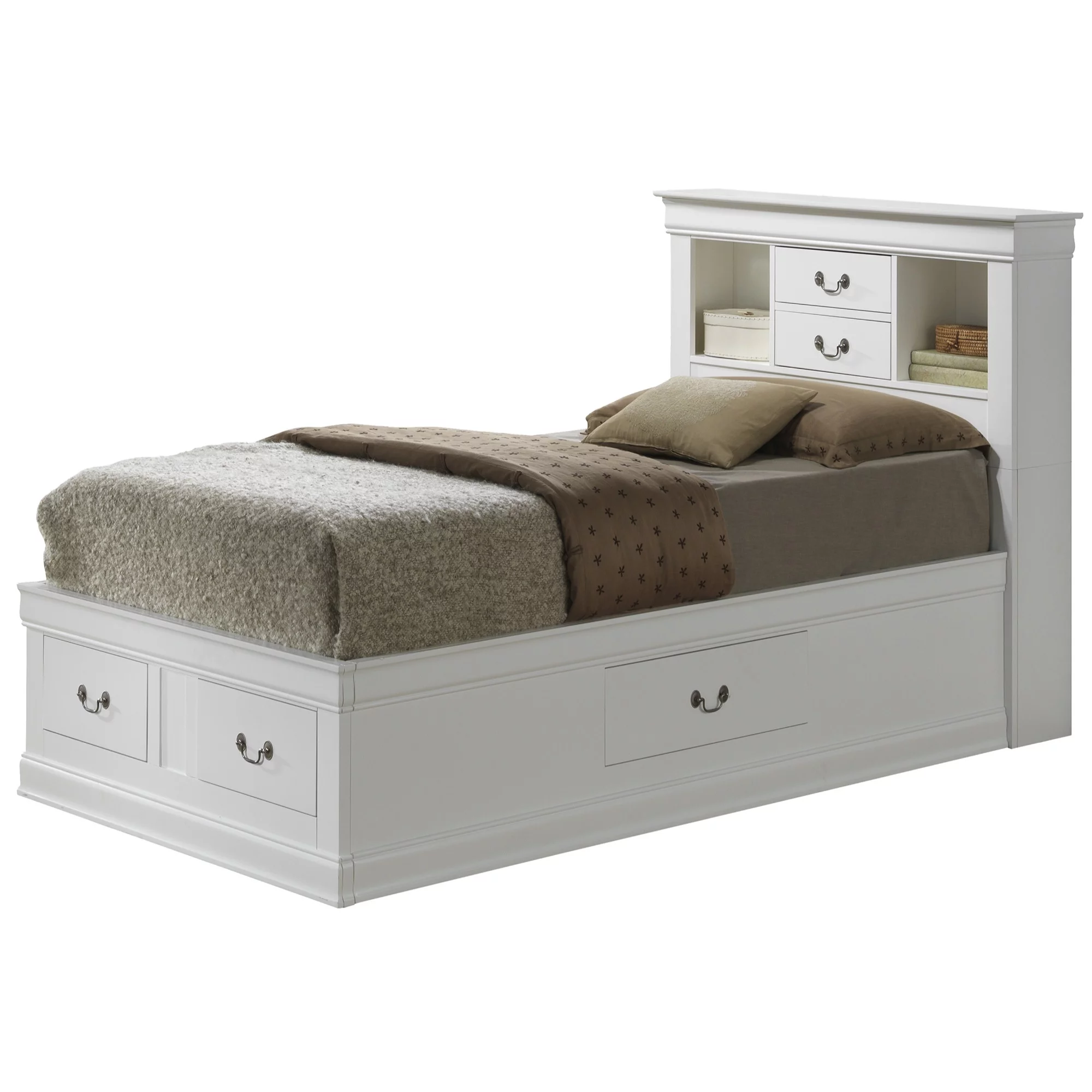 Passion Furniture Louis Philippe White Twin Storage Platform Bed with 6 Storage Drawers