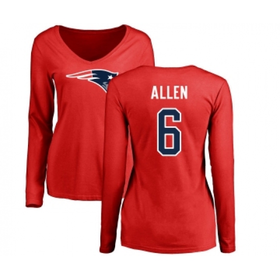 Football Women's New England Patriots #6 Ryan Allen Red Name & Number Logo Slim Fit Long Sleeve T-Shirt