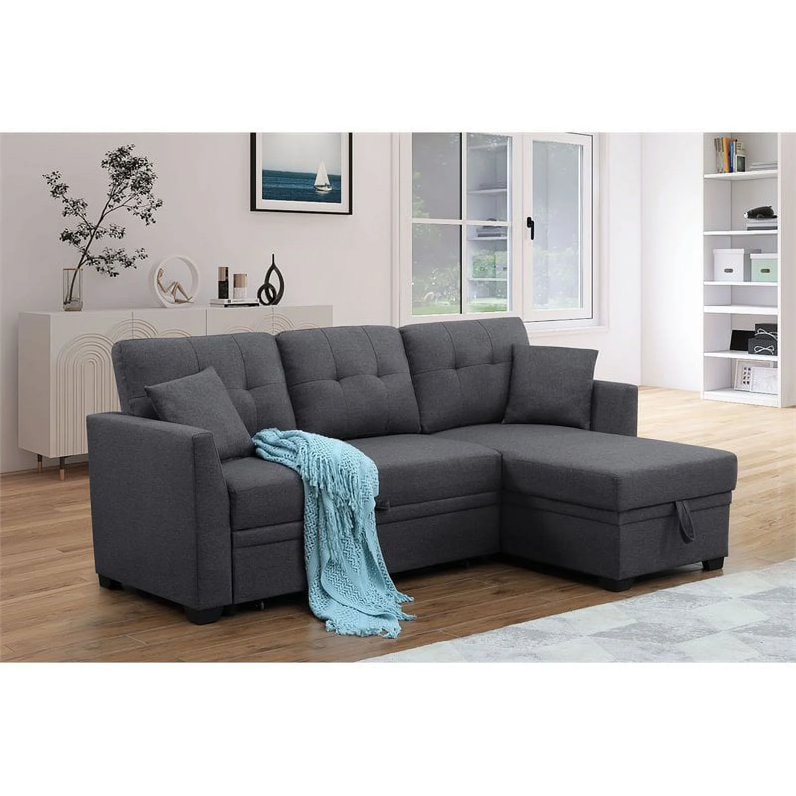 Pemberly Row 3-Seat Fabric Sleeper Sectional Sofa with Storage in Dark Gray - Curated Treasures Market