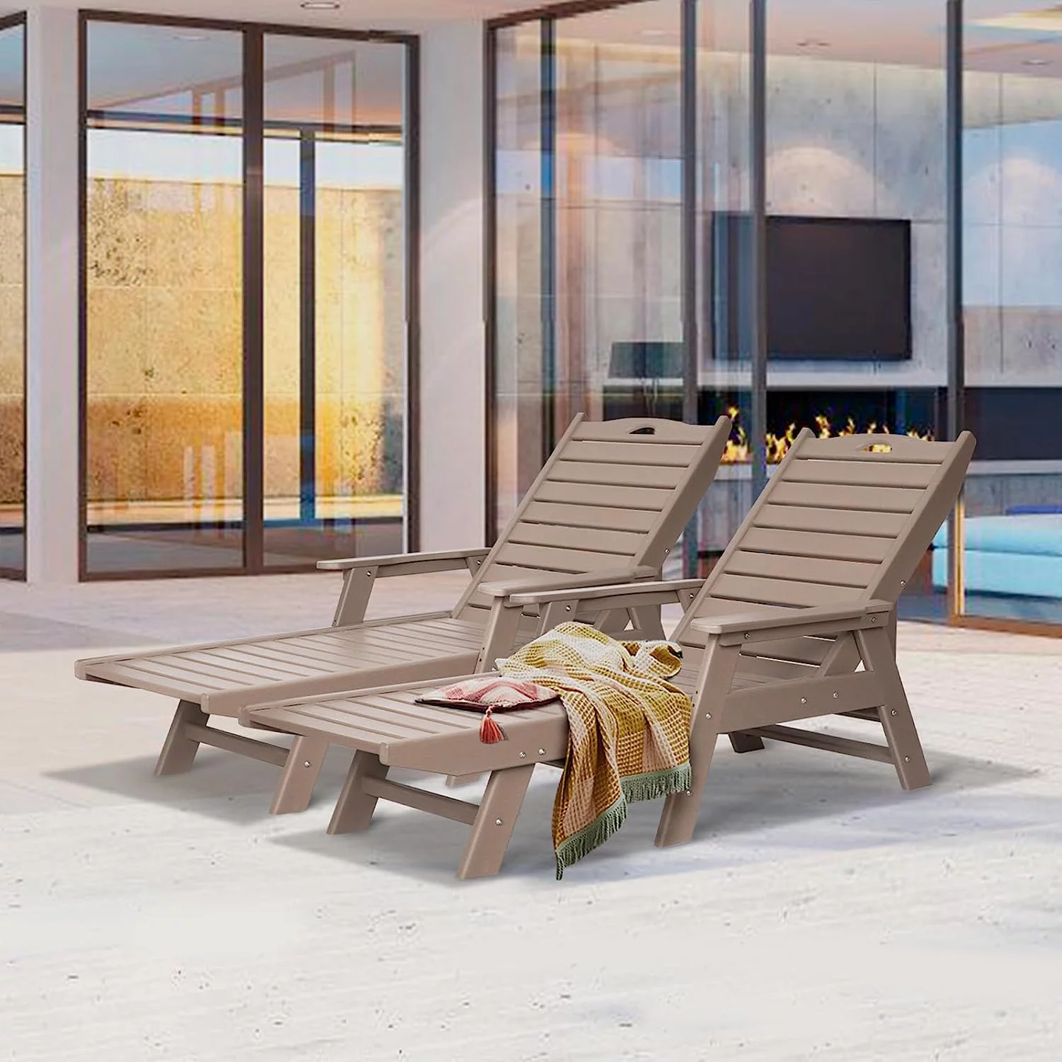 NALONE Chaise Lounge Set of 2 Outdoor with 5-Position Adjustable Backrest, HDPE Lounge Chair for Outside Supports Up to 400 LBS, Pool Lounge Chairs for Patio Poolside Deck Beach Backyard(Grey Brown) - Curated Treasures Market