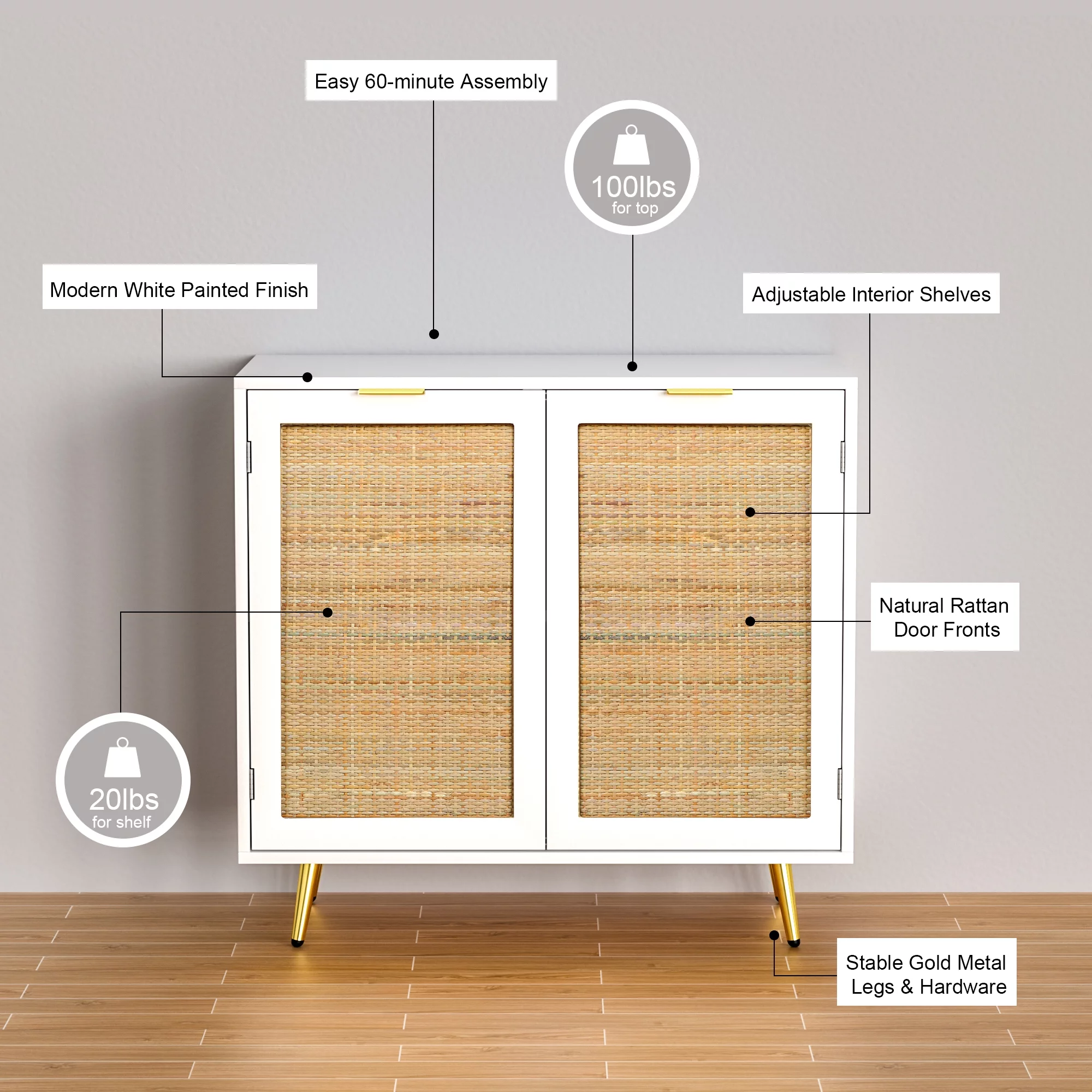 Eumyviv 31.5'' Width Modern Accent Cabinet, White Sideboards and Buffets with 2 Rattan Doors Storage Cane Cupboard for Kitchen Furniture, Living Room,H0059 - Curated Treasures Market