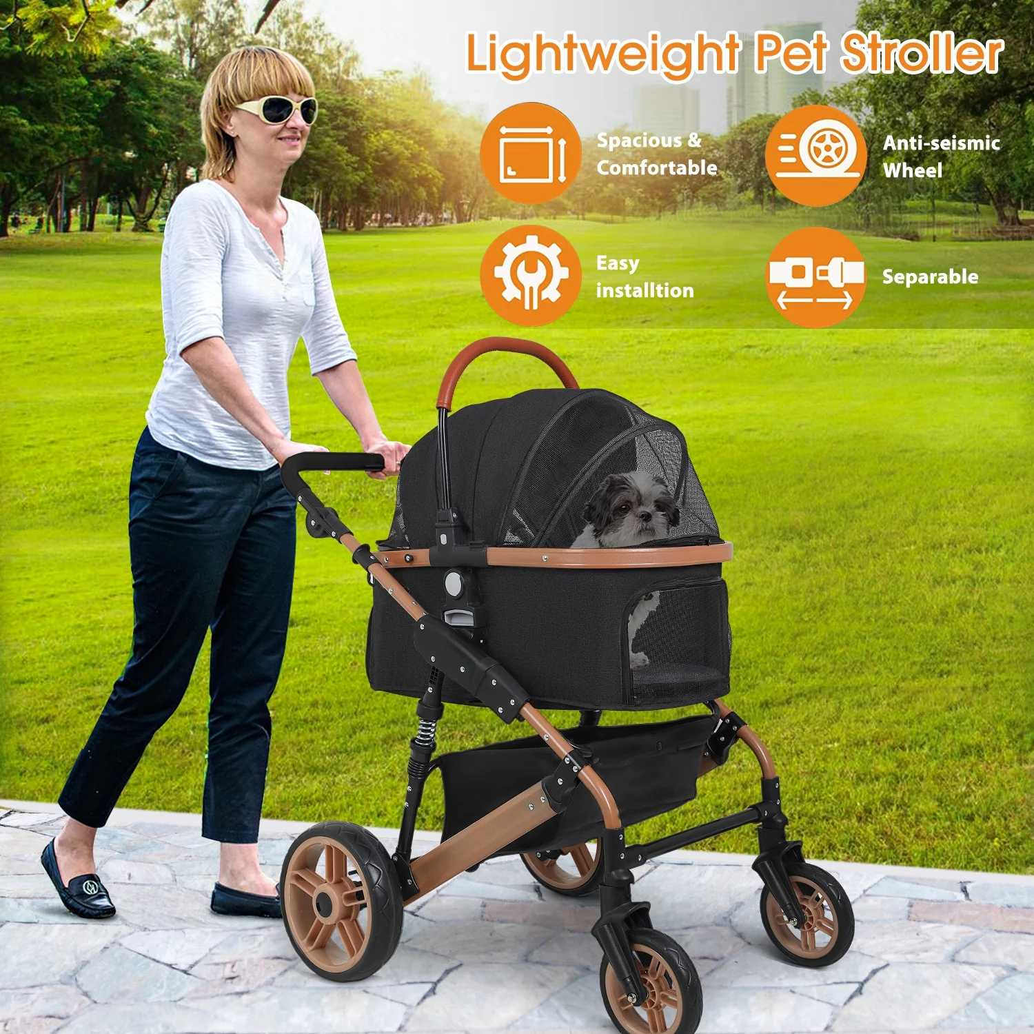 BestPet Pet Stroller Premium 3-in-1 Multifunction 4 wheels Dog Cat Stroller for Large Medium Dogs Cats Aluminium Frame Folding Lightweight Travel Stroller with Detachable Carrier,66lbs Capacity, Black - Curated Treasures Market
