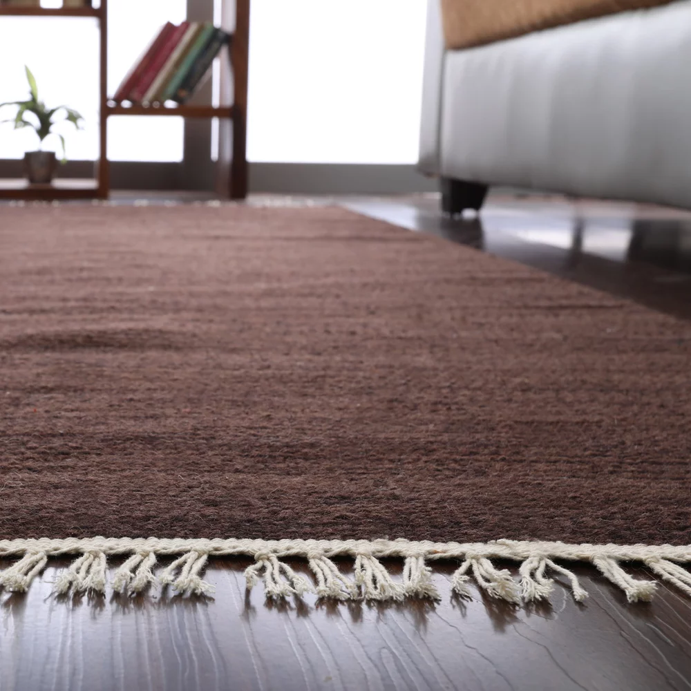 RUGSOTIC CARPETS HAND WOVEN FLAT WEAVE KILIM WOOL ECO-FRIENDLY AREA RUGS - 5'x8', Rectangle, Dark Brown , Plain Solid Design, Low Pile Handmade Area Rugs for Living Room, Bed Room (D00111) - Curated Treasures Market