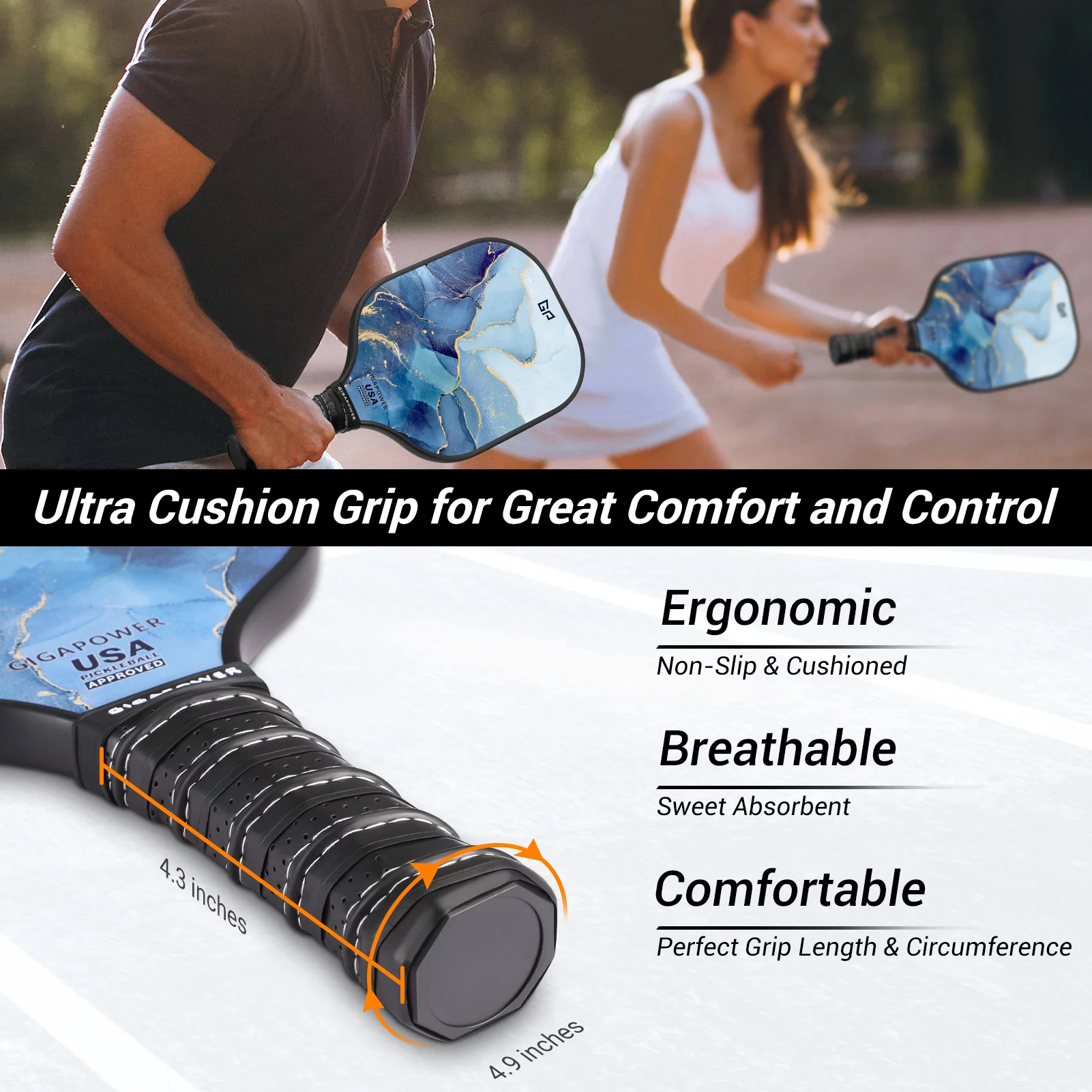 GIGAPOWER Pickleball Paddles Set of 2, USAPA Approved Graphite Carbon Face with Polypropylene Honeycomb Core Pickleball Paddle Set, Lightweight Pickleball Rackets for Women Men, Ocean Marble